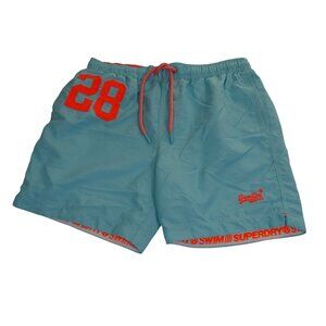 Superdry Men Swim Trunks Shorts Blue Orange Logo Size XL Elastic Waistband Lined